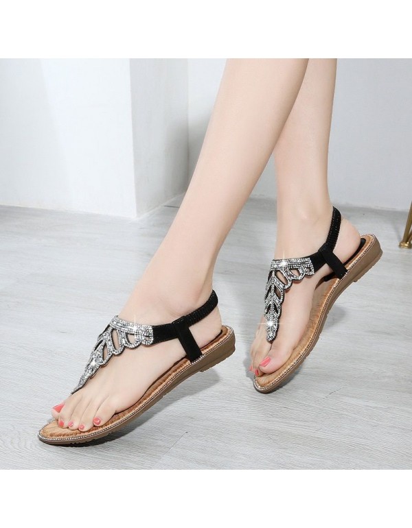 Bohemian cross border sandals exquisite leaves Rhinestone Beaded SANDALS BEACH toe slope heel shoes factory direct sales