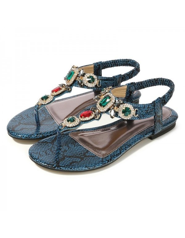 Cross border large women's shoes retro Bohemian Rhinestone sandals 2020 new women's summer Beaded flat shoes