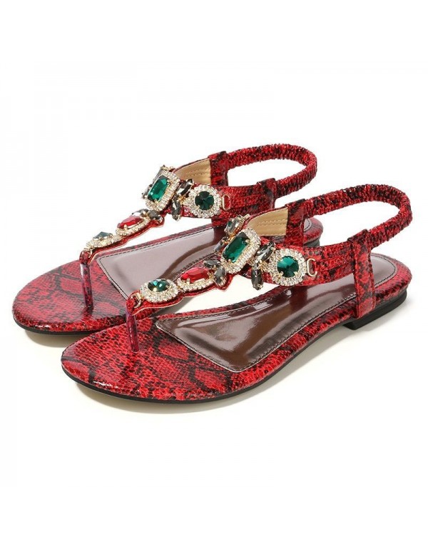 Cross border large women's shoes retro Bohemian Rhinestone sandals 2020 new women's summer Beaded flat shoes