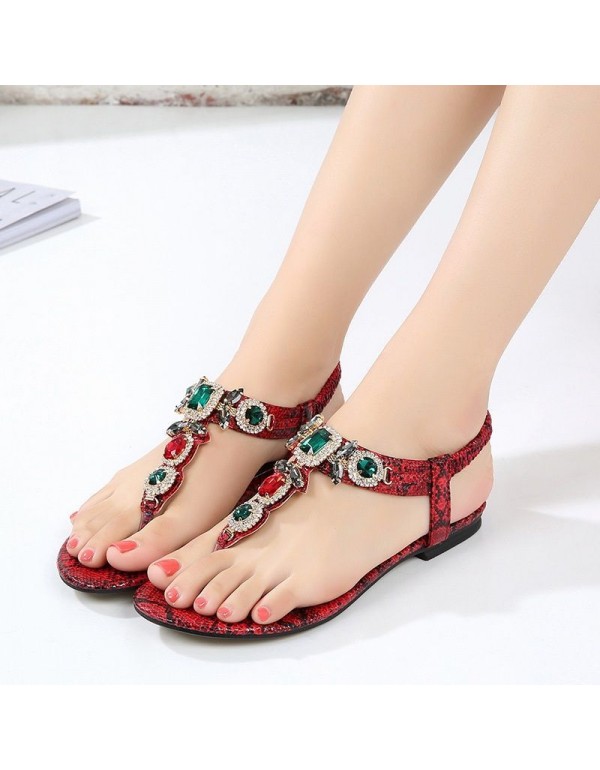 Cross border large women's shoes retro Bohemian Rhinestone sandals 2020 new women's summer Beaded flat shoes