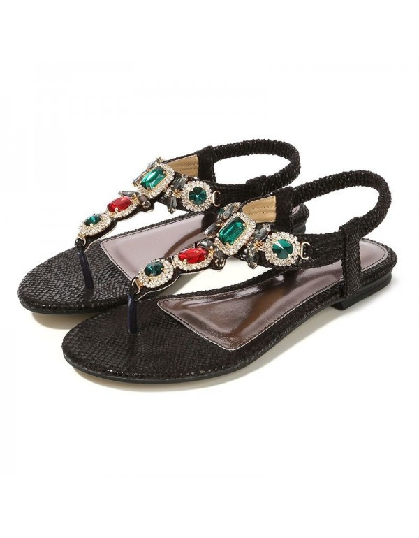 Cross border large women's shoes retro Bohemian Rhinestone sandals 2020 new women's summer Beaded flat shoes