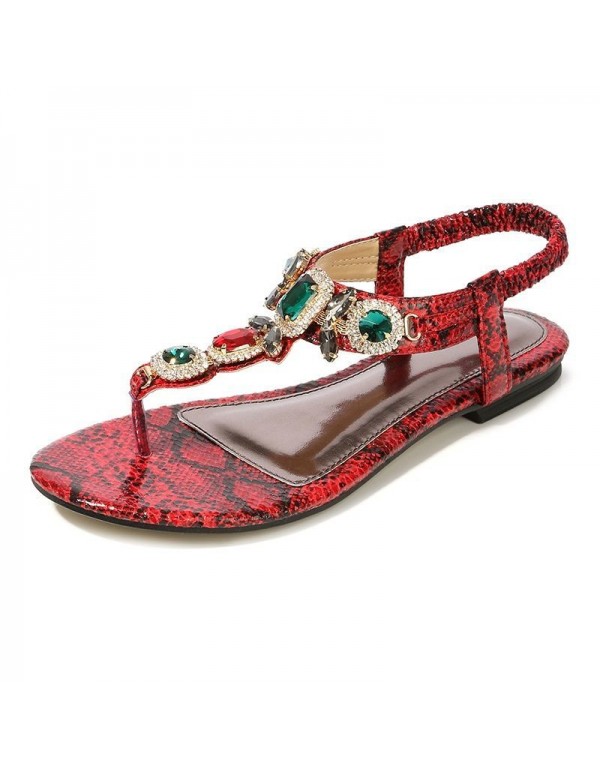 Cross border large women's shoes retro Bohemian Rhinestone sandals 2020 new women's summer Beaded flat shoes