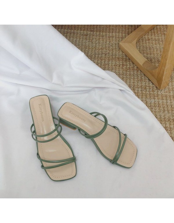 2020 summer new Korean version thick heel slippers women's fashion one word small belt toe set two wear middle heel sandals wholesale