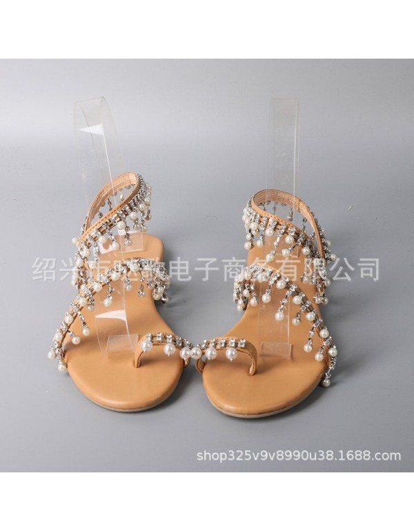 Factory direct sales wish Amazon cross border popular Roman pearl sandals large size handmade beaded shoes women's stock