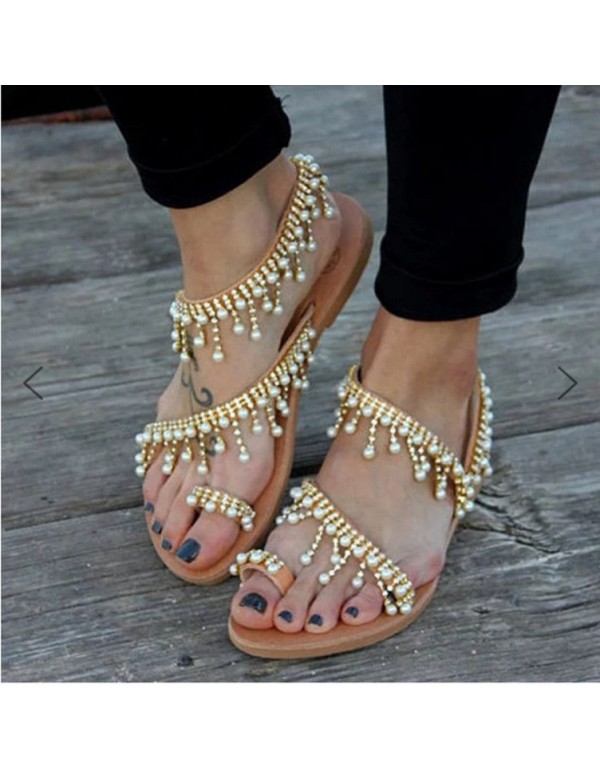 Factory direct sales wish Amazon cross border popular Roman pearl sandals large size handmade beaded shoes women's stock