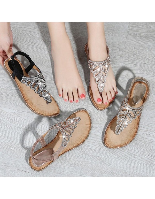 Bohemian cross border sandals exquisite leaves Rhinestone Beaded SANDALS BEACH toe slope heel shoes factory direct sales