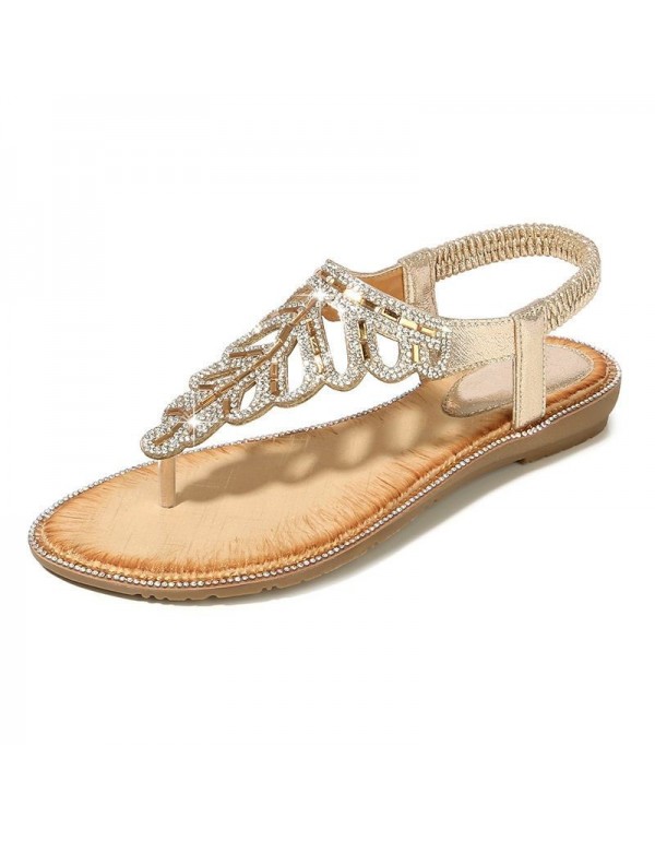 Bohemian cross border sandals exquisite leaves Rhinestone Beaded SANDALS BEACH toe slope heel shoes factory direct sales