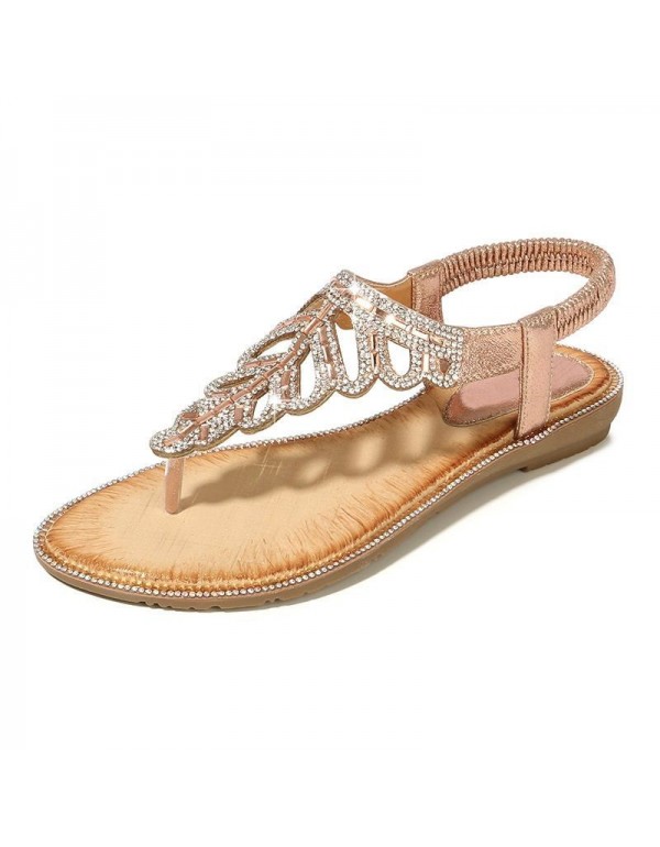Bohemian cross border sandals exquisite leaves Rhinestone Beaded SANDALS BEACH toe slope heel shoes factory direct sales