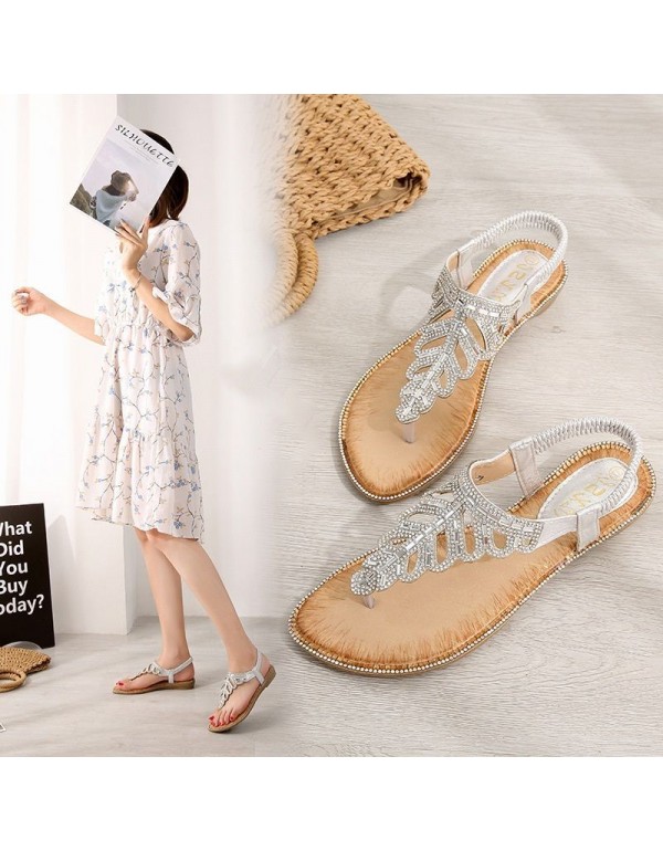 Bohemian cross border sandals exquisite leaves Rhinestone Beaded SANDALS BEACH toe slope heel shoes factory direct sales