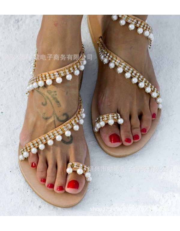 Factory direct sales wish Amazon cross border popular Roman pearl sandals large size handmade beaded shoes women's stock