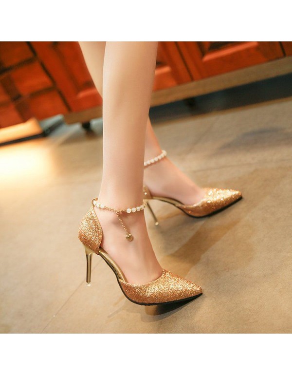 New pointy buckle fashion sandals ladies thin heel pearl strap low heel women shoes solid color all-around sandals