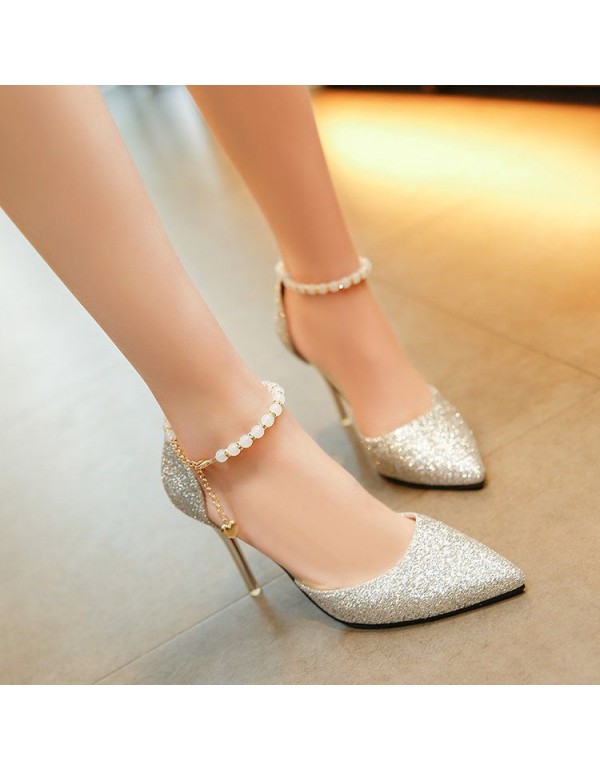 New pointy buckle fashion sandals ladies thin heel pearl strap low heel women shoes solid color all-around sandals