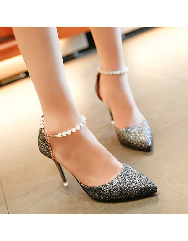 New pointy buckle fashion sandals ladies thin heel pearl strap low heel women shoes solid color all-around sandals