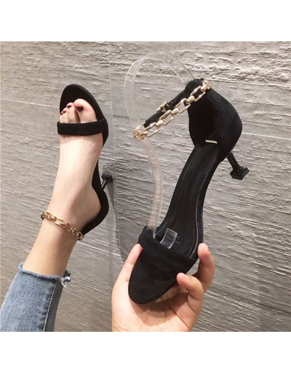 55-b2020 European and American round toe chain high-heeled shoes women's thin heel one word buckle sandals women's summer middle single shoes