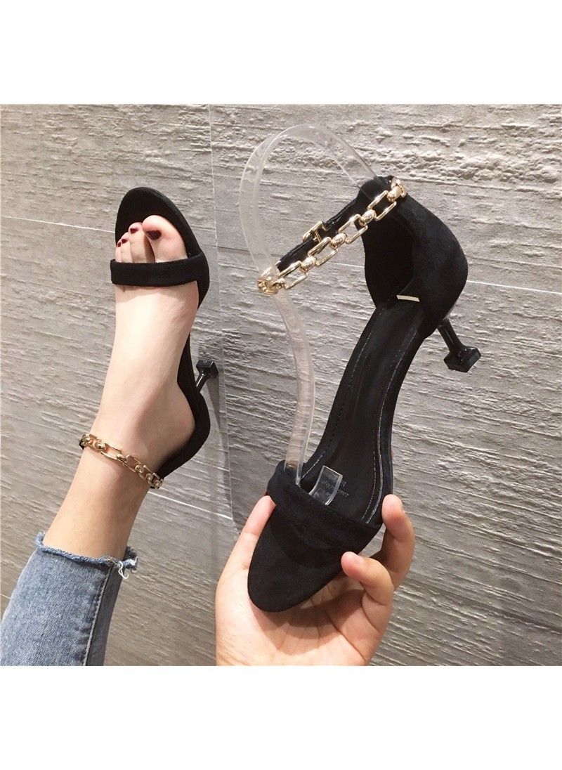 55-b2020 European and American round toe chain high-heeled shoes women's thin heel one word buckle sandals women's summer middle single shoes