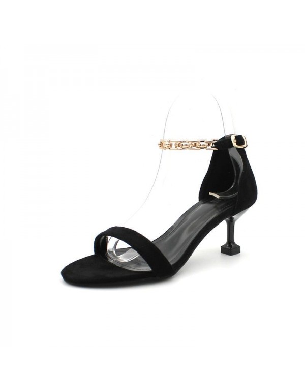 55-b2020 European and American round toe chain high-heeled shoes women's thin heel one word buckle sandals women's summer middle single shoes