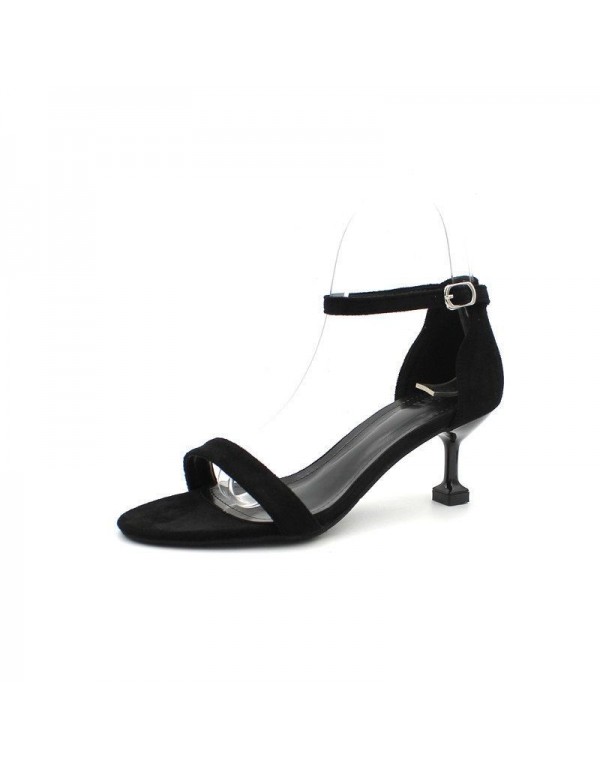 555 sexy one word buckle sandals 2020 new summer high heels thin heels black fashion shoes Fairy