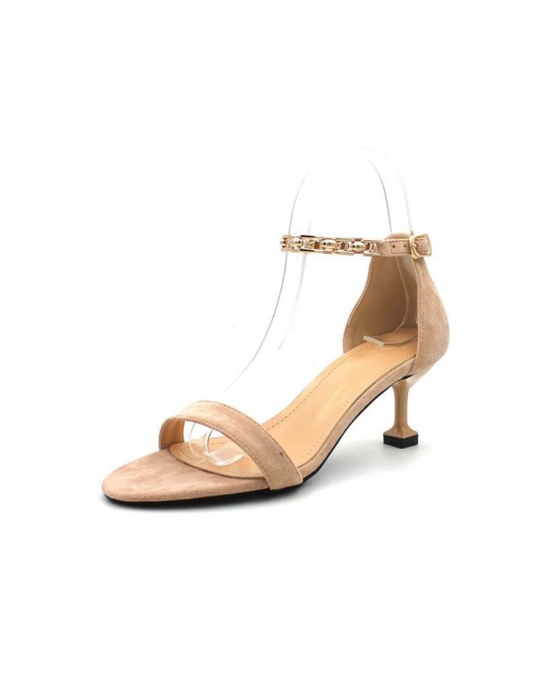 55-b2020 European and American round toe chain high-heeled shoes women's thin heel one word buckle sandals women's summer middle single shoes