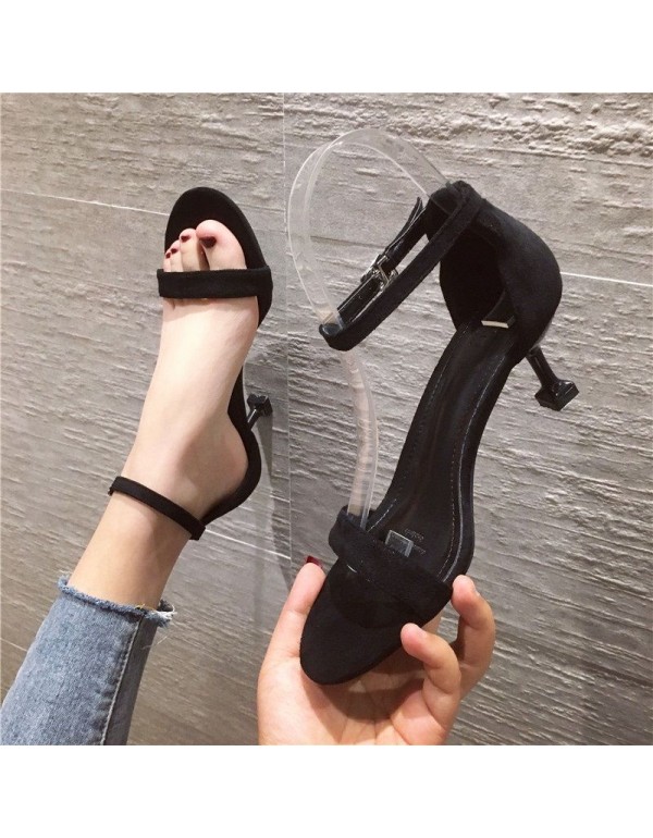 555 sexy one word buckle sandals 2020 new summer high heels thin heels black fashion shoes Fairy