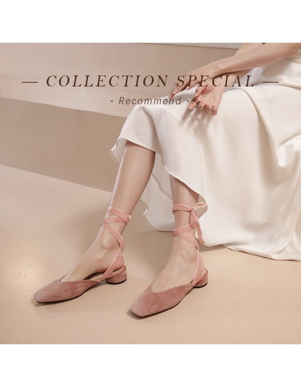 Fashion simple Japanese and Korean Caramel small square head solid color all-around travel foot ring strap strap shallow mouth sandal female