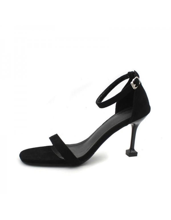 555 sexy one word buckle sandals 2020 new summer high heels thin heels black fashion shoes Fairy