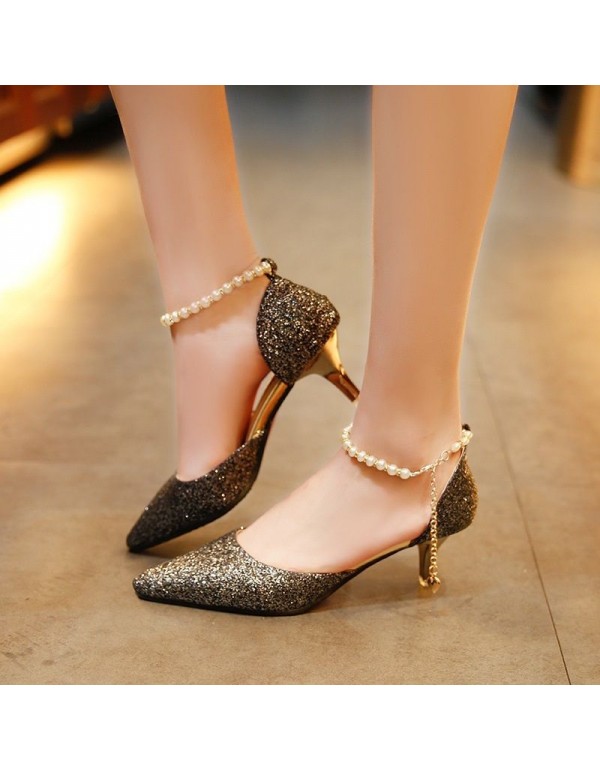 Summer new women's sandals pointed Korean fashion sequins high heels women's beading comfortable and versatile women's sandals