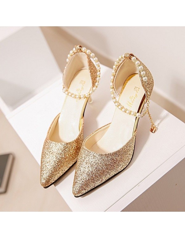 Summer new women's sandals pointed Korean fashion sequins high heels women's beading comfortable and versatile women's sandals