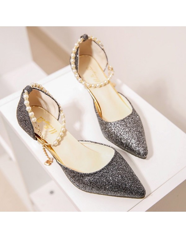 Summer new women's sandals pointed Korean fashion sequins high heels women's beading comfortable and versatile women's sandals