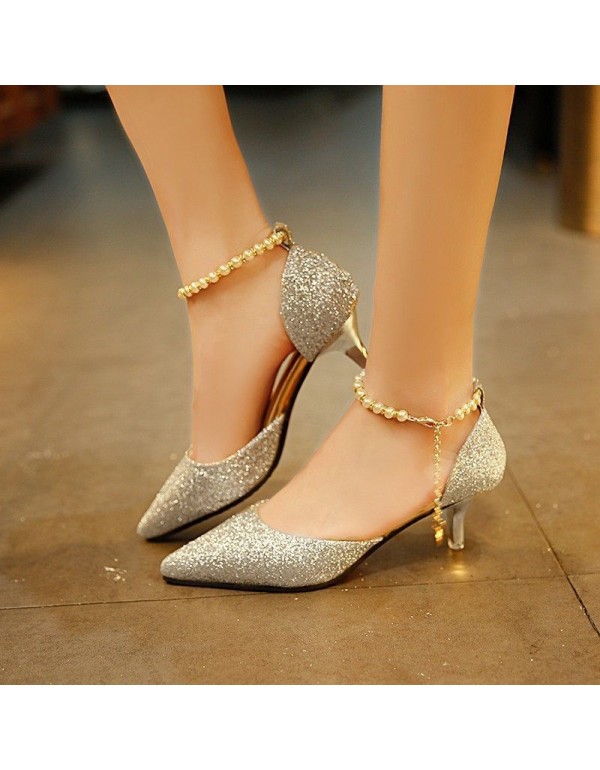 Summer new women's sandals pointed Korean fashion sequins high heels women's beading comfortable and versatile women's sandals