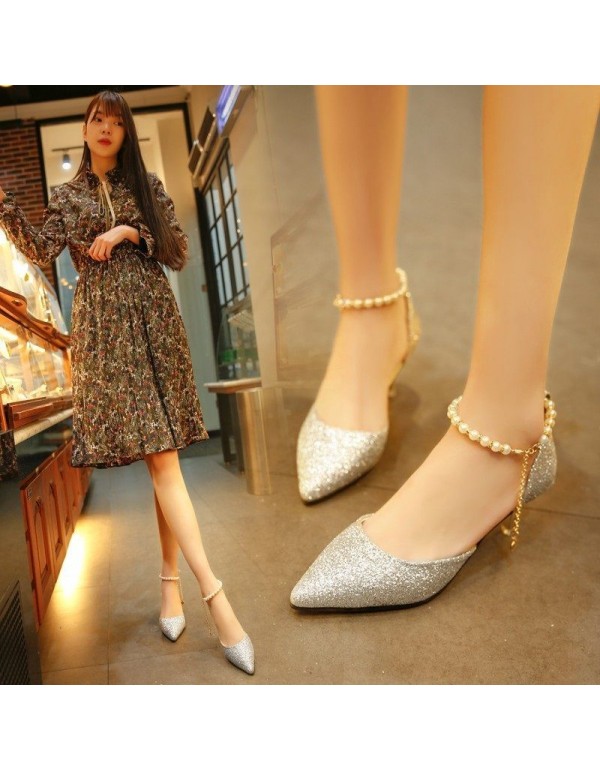 Summer new women's sandals pointed Korean fashion sequins high heels women's beading comfortable and versatile women's sandals