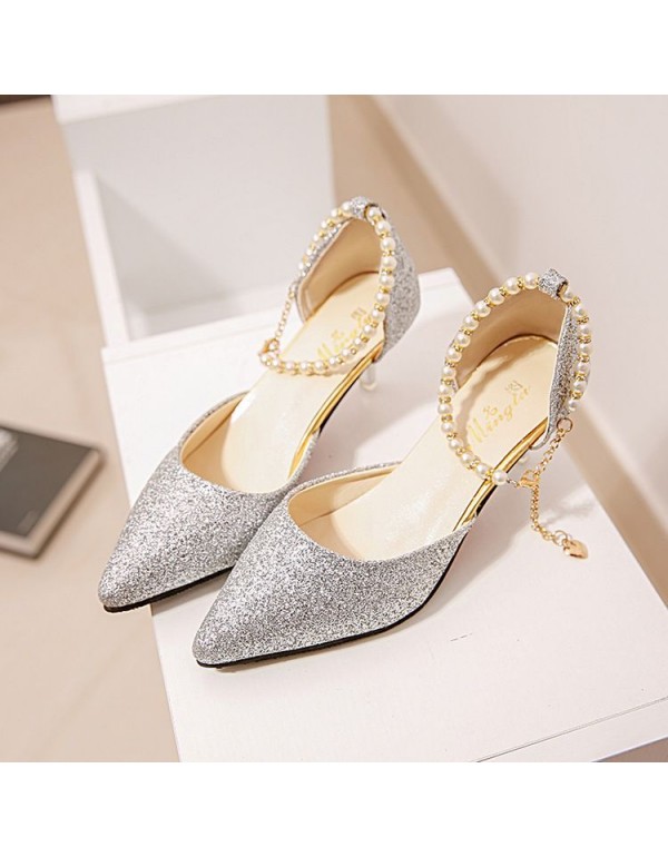 New pointy buckle fashion sandals ladies thin heel pearl strap low heel women shoes solid color all-around sandals
