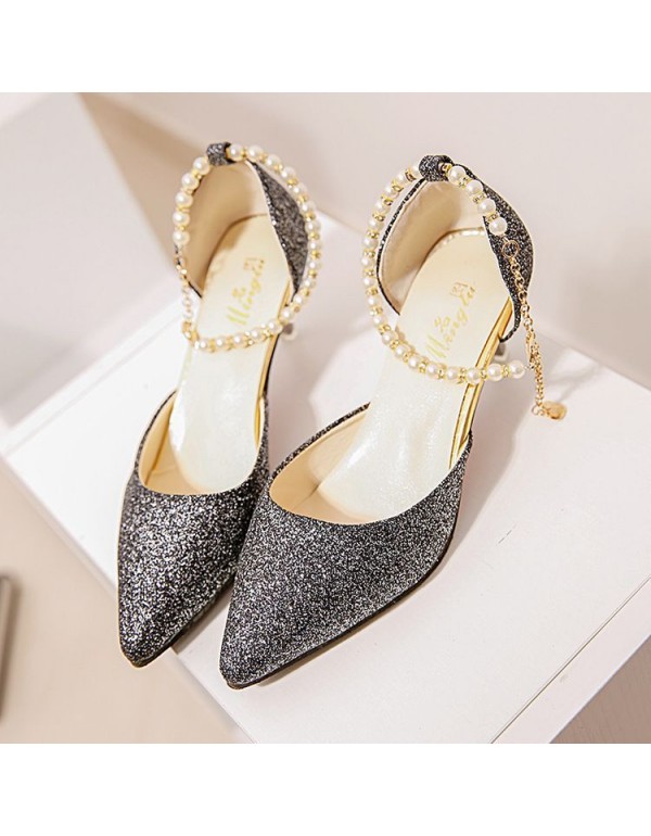 New pointy buckle fashion sandals ladies thin heel pearl strap low heel women shoes solid color all-around sandals