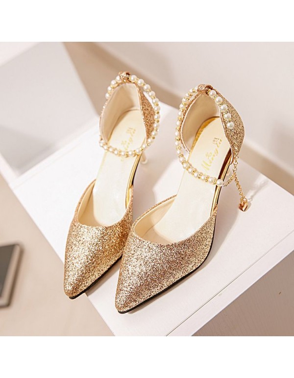 New pointy buckle fashion sandals ladies thin heel pearl strap low heel women shoes solid color all-around sandals