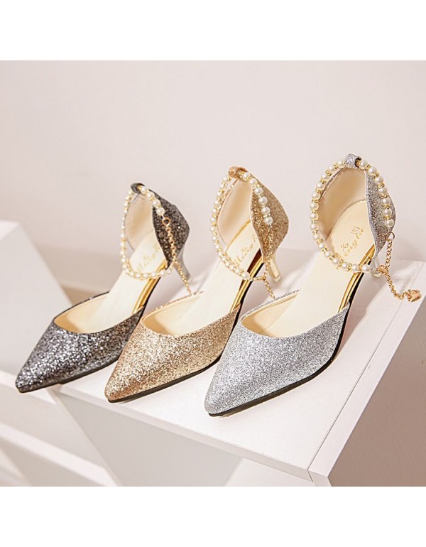 New pointy buckle fashion sandals ladies thin heel pearl strap low heel women shoes solid color all-around sandals