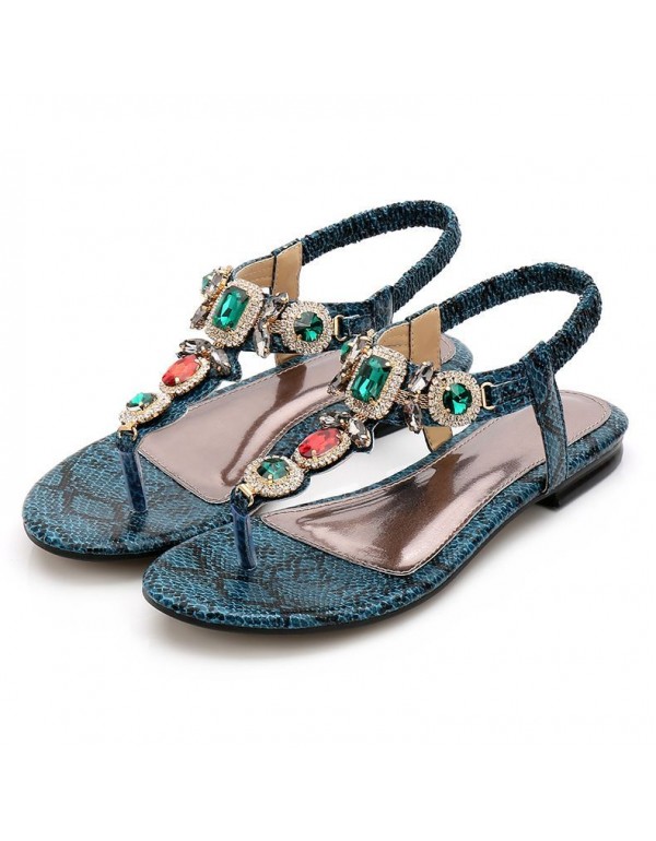 Cross border large women's shoes retro Bohemian Rhinestone sandals 2020 new women's summer Beaded flat shoes