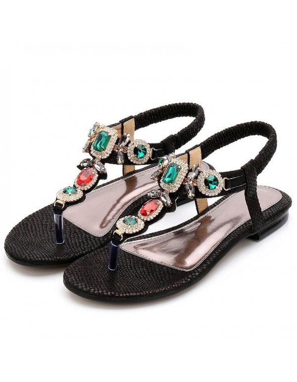 Cross border large women's shoes retro Bohemian Rhinestone sandals 2020 new women's summer Beaded flat shoes