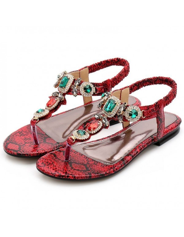 Cross border large women's shoes retro Bohemian Rhinestone sandals 2020 new women's summer Beaded flat shoes