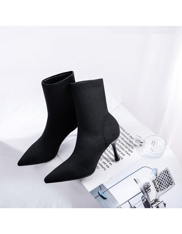 Women's boots in autumn and winter of 2020 elastic socks boots high heels knitted thin boots thin heel medium short boots pointed naked boots
