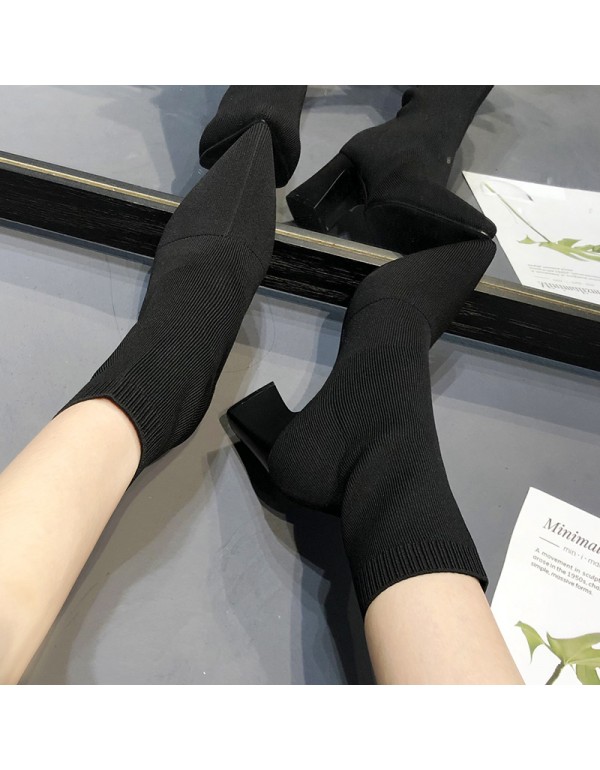 Autumn and winter 2020 new popular European and American thick heel fashion pointy socks boots knitted elastic boots women's shoes show thin boots