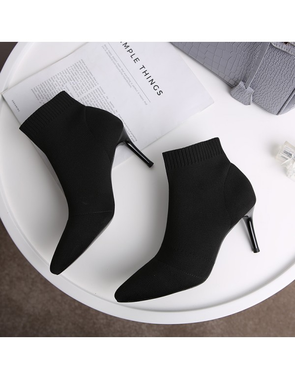 Autumn and winter 2020 short boots women's pointed thin heel short socks elastic boots knitted Martin boots Korean high heel women's Boots