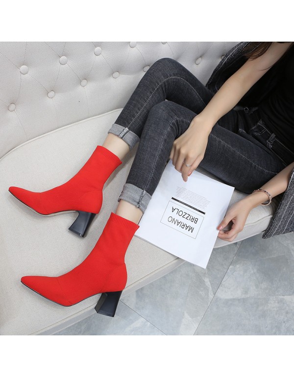 Autumn and winter 2020 new popular European and American thick heel fashion pointy socks boots knitted elastic boots women's shoes show thin boots