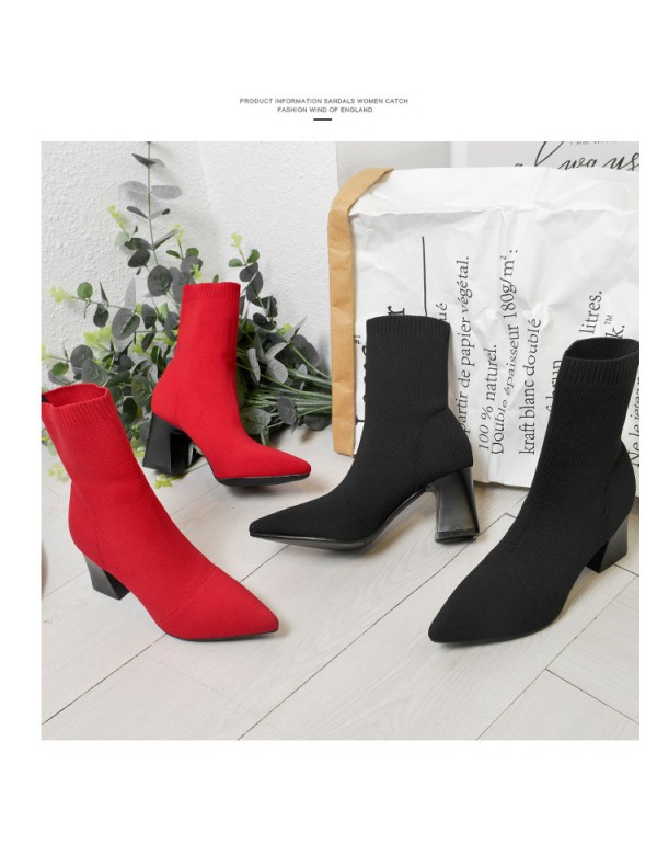 Autumn and winter 2020 new popular European and American thick heel fashion pointy socks boots knitted elastic boots women's shoes show thin boots