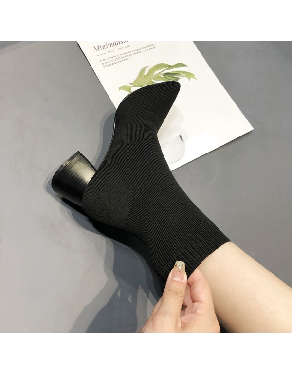 Socks boots women's thick heel knitted boots boots 2020 new autumn and winter black single boots middle heel net red elastic thin boots