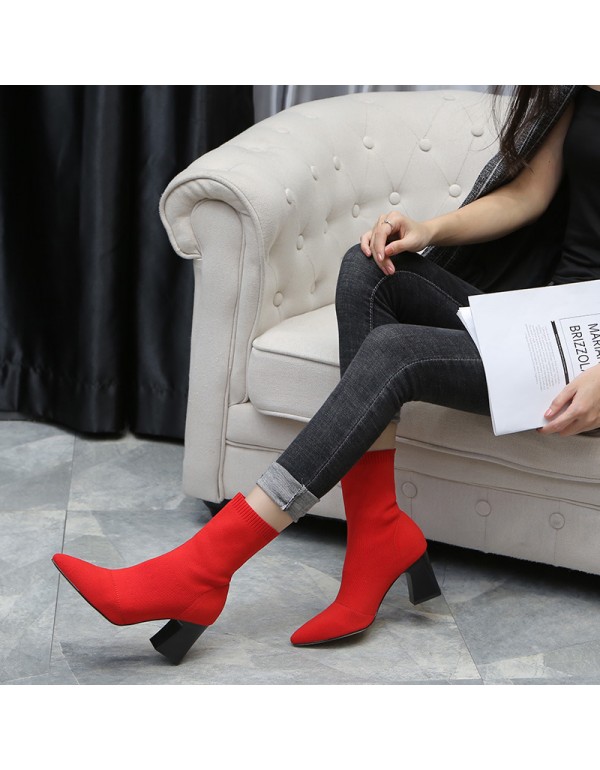 Autumn and winter 2020 new popular European and American thick heel fashion pointy socks boots knitted elastic boots women's shoes show thin boots