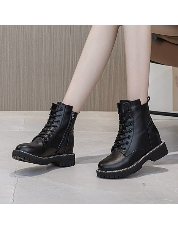 2021 autumn genuine leather Martin boots women's thick bottom inner raised lace up casual female student shoes side zipper female boots
