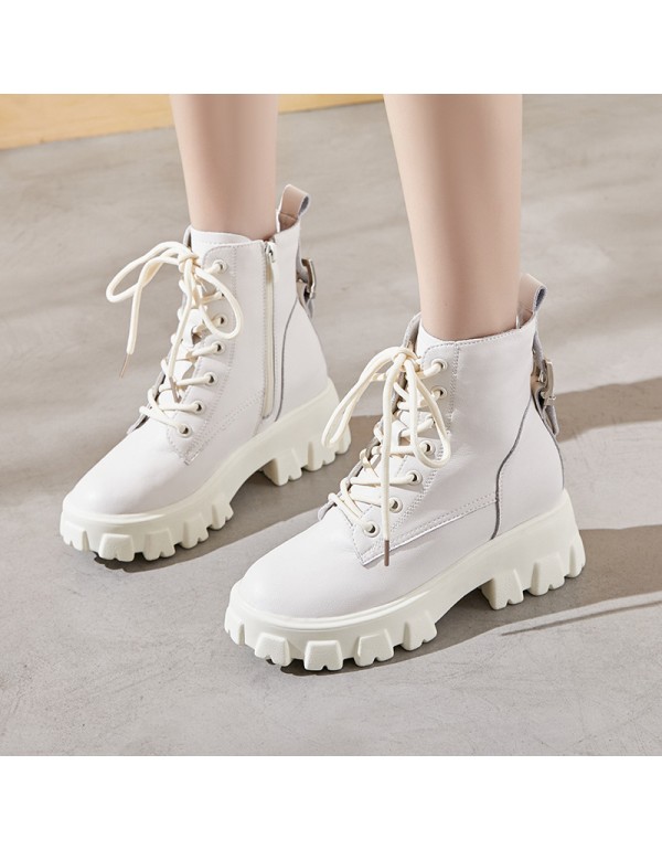 2021 Autumn New Genuine Leather Martin boots women's thick bottom inner increased Lace Up Korean buckle casual thin women's Boots