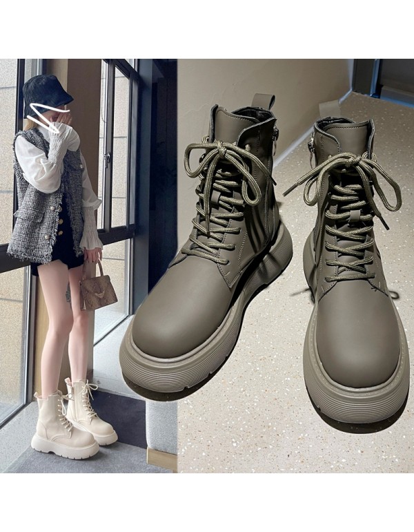 Li Wanjun's same shoes muffin thick bottom bandage short boots women's big head flat bottom Martin boots gray medium boots