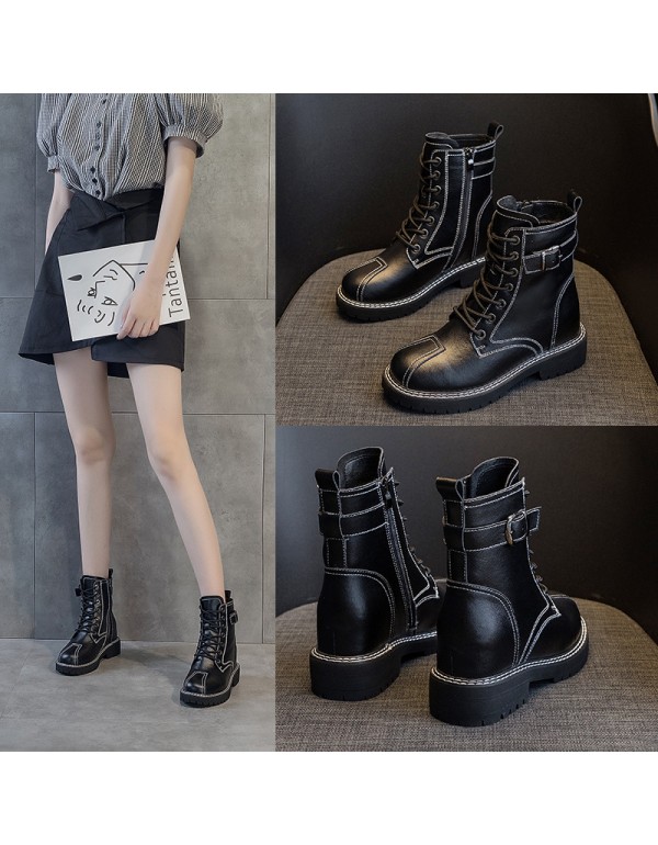 2021 autumn new leather Martin boots women's thick bottom inner increase casual Korean buckle boots female student shoes 