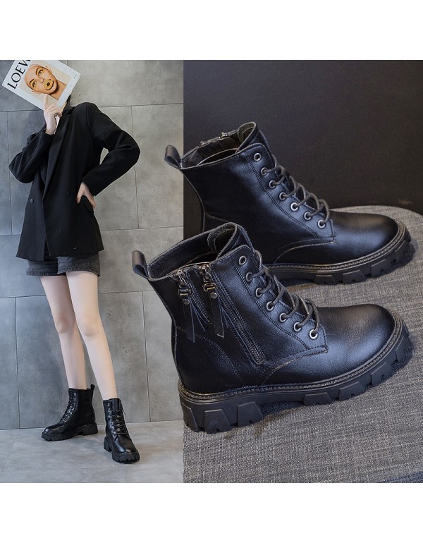 Autumn new leather Martin boots women's Korean version increased double zipper women's boots leisure slim student shoes