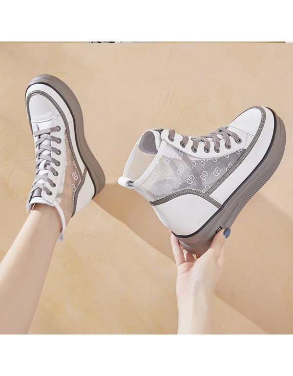 2021 spring and summer new inner raised leather mesh women's shoes thick bottom high top casual breathable leather women's shoes boots